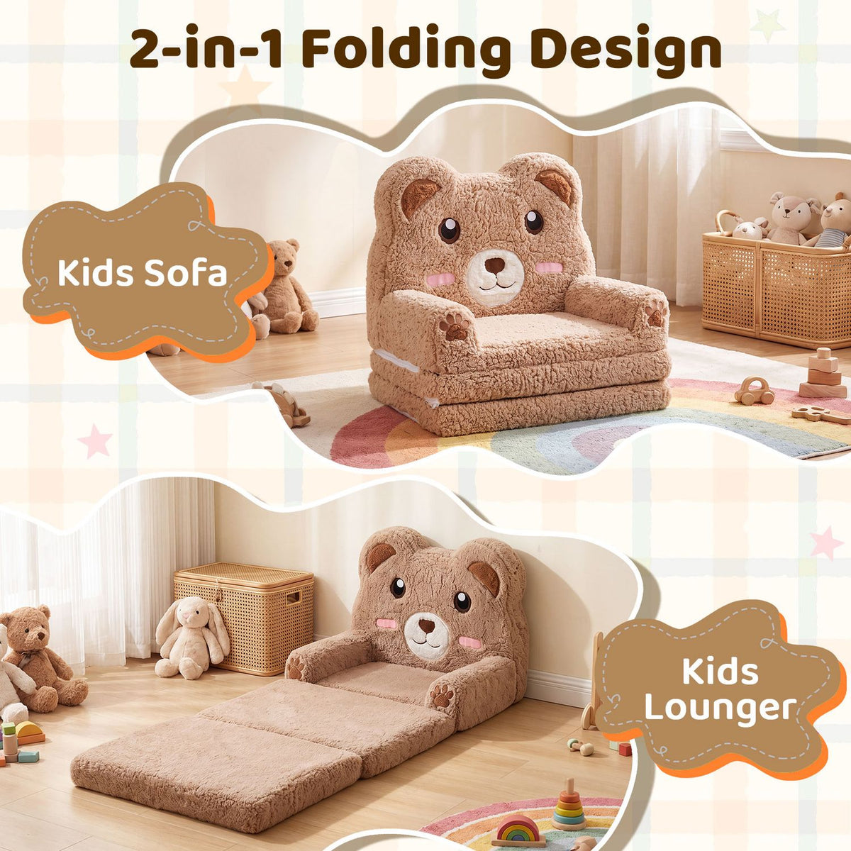 2-in-1 Foldable Kids Sofa Bed with Washable SlipcoverBear and Printed Designs for Toddlers-Brown