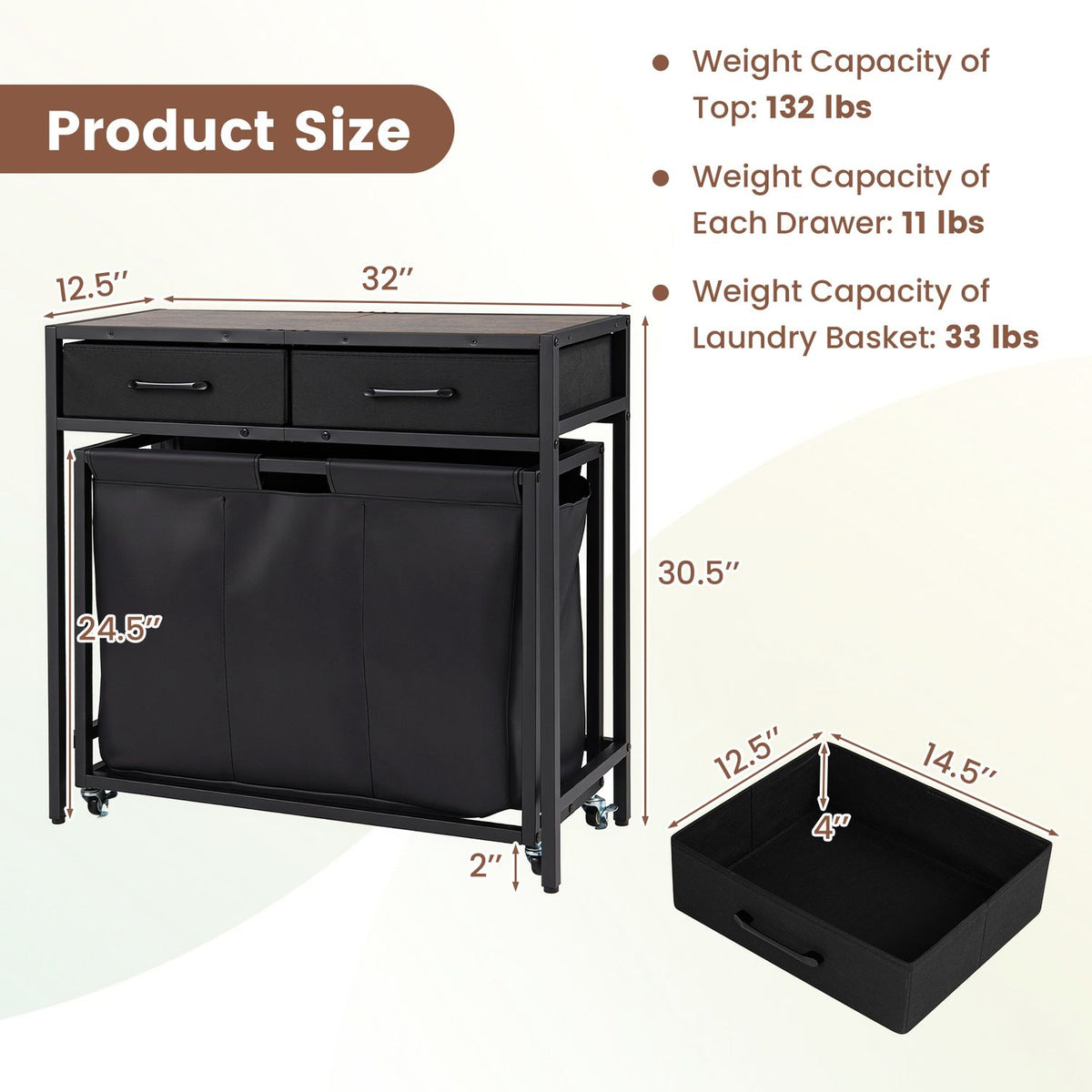 2-in-1 Laundry Basket Organizer with 2 Removable Fabric Drawers 3 Sections and Wheels