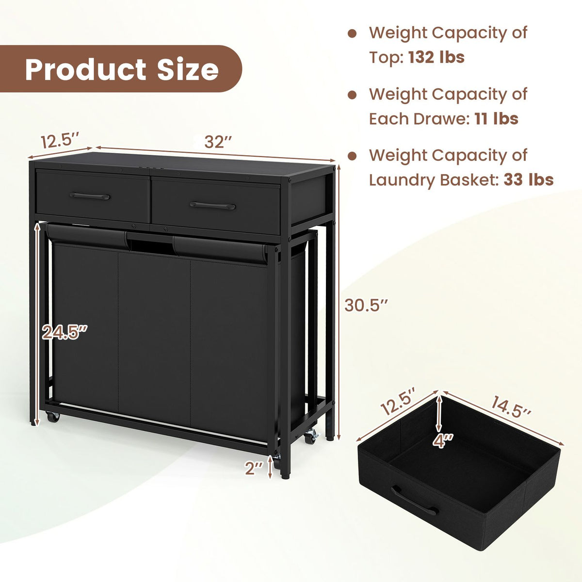 2-in-1 Laundry Basket Organizer with 2 Removable Fabric Drawers 3 Sections and Wheels