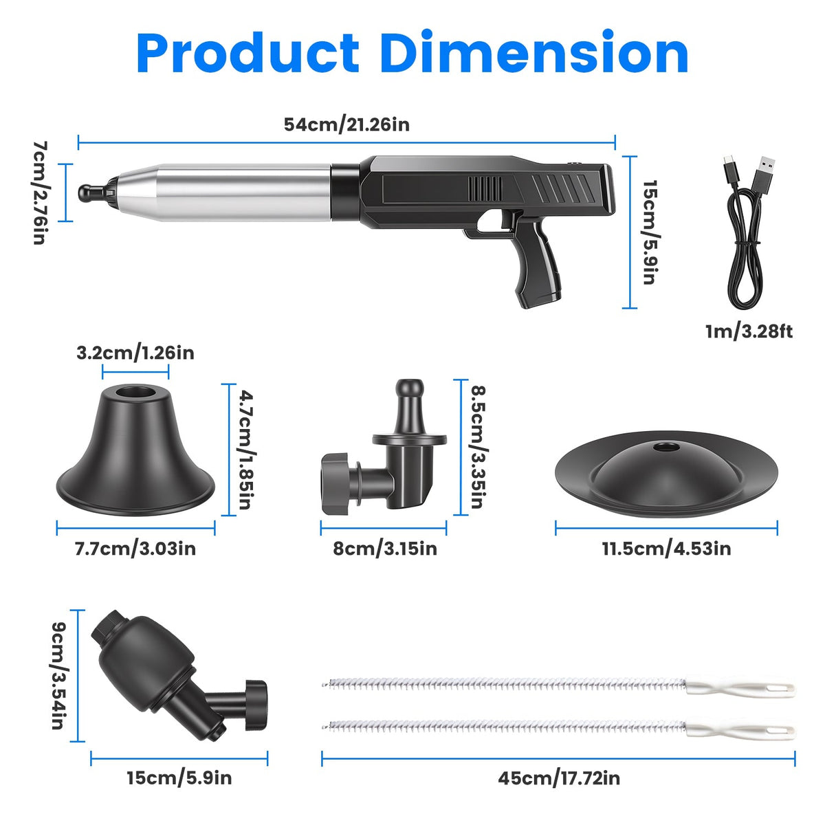 Electric Toilet Plunger with Air Pressure Gauge & 3 Heads