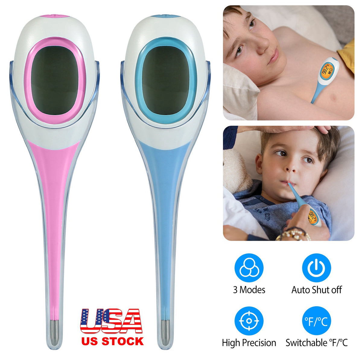 Oral Thermometer Body Thermometer Oral Rectal Underarm Temperature Thermometer C/F Switchable Accurate Fast Temperature Reading Fever Thermometer for