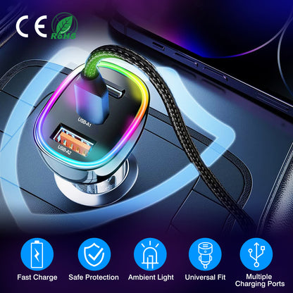 90W Fast Car Charger with 3 Ports and Ambient Light