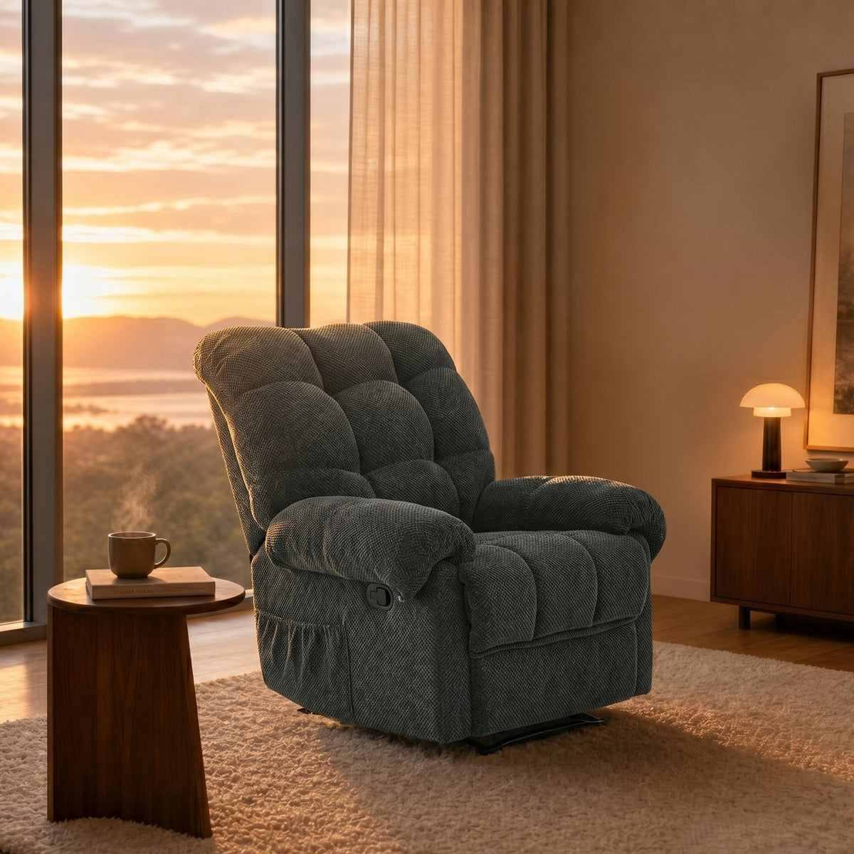 Modern Fabric Reclining Lounge Chair, Overstuffed Recliner Chair with Adjustable Backrest and Footrest, Padded Armrests,