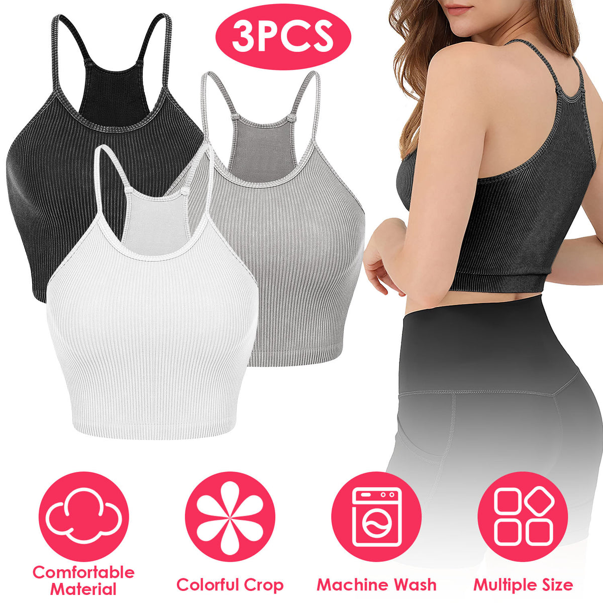 3 Pack Women Crop Basic Tank Top Ribbed Knit Sleeveless Round Neck 9 Color Machine Wash Summer Crop S to XL
