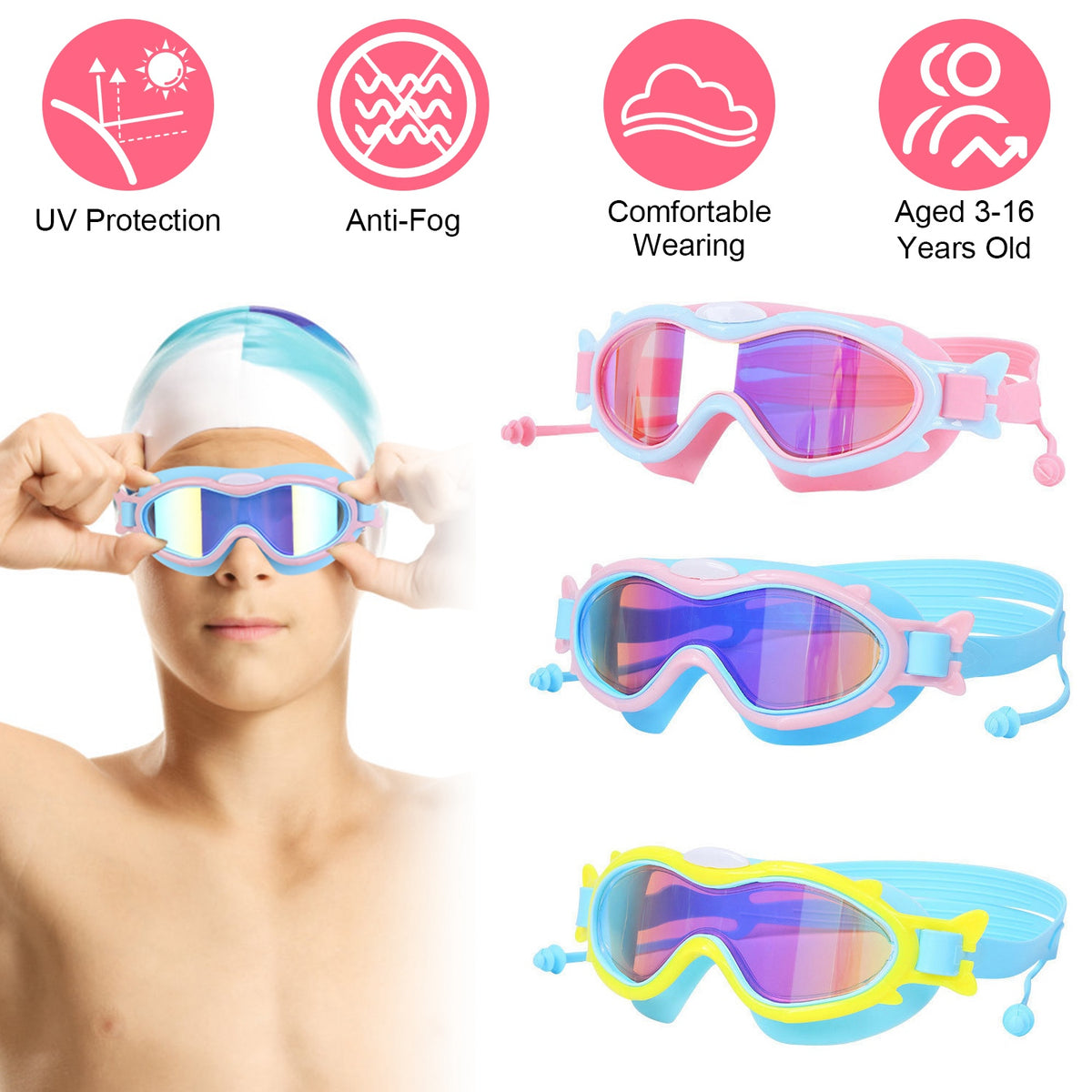 Kids Swim Goggles With Ear Plugs UV Protection Anti-Fog Leak Proof Wide View Pool Swimming Goggles For Youth Boys Girls Aged 3-16 Years Old Summer Bea