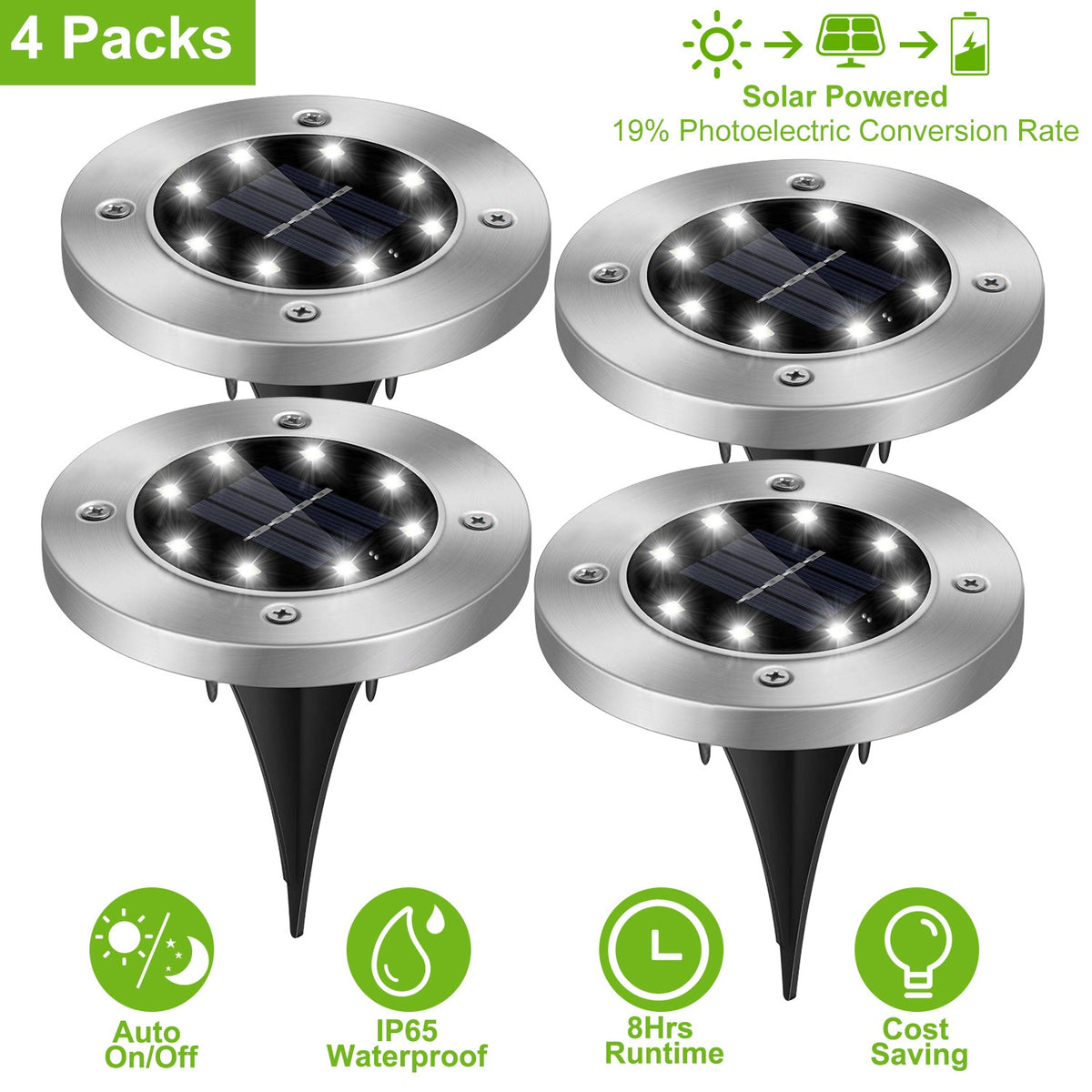 Solar Powered Ground Lights 4-Pack Waterproof Outdoor Path