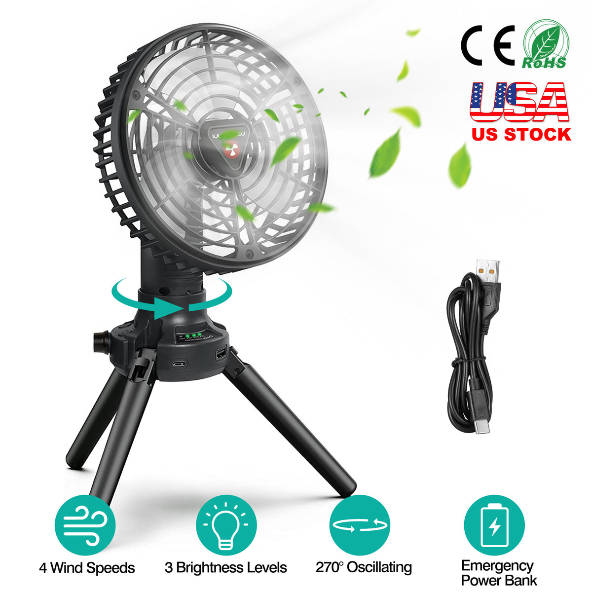 Camping Fan with LED Light & Power Bank - 270° Oscillating