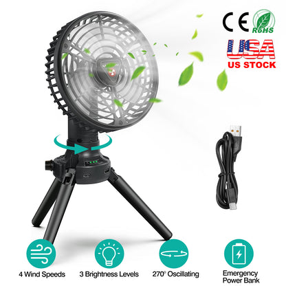 Camping Fan with LED Light & Power Bank - 270° Oscillating