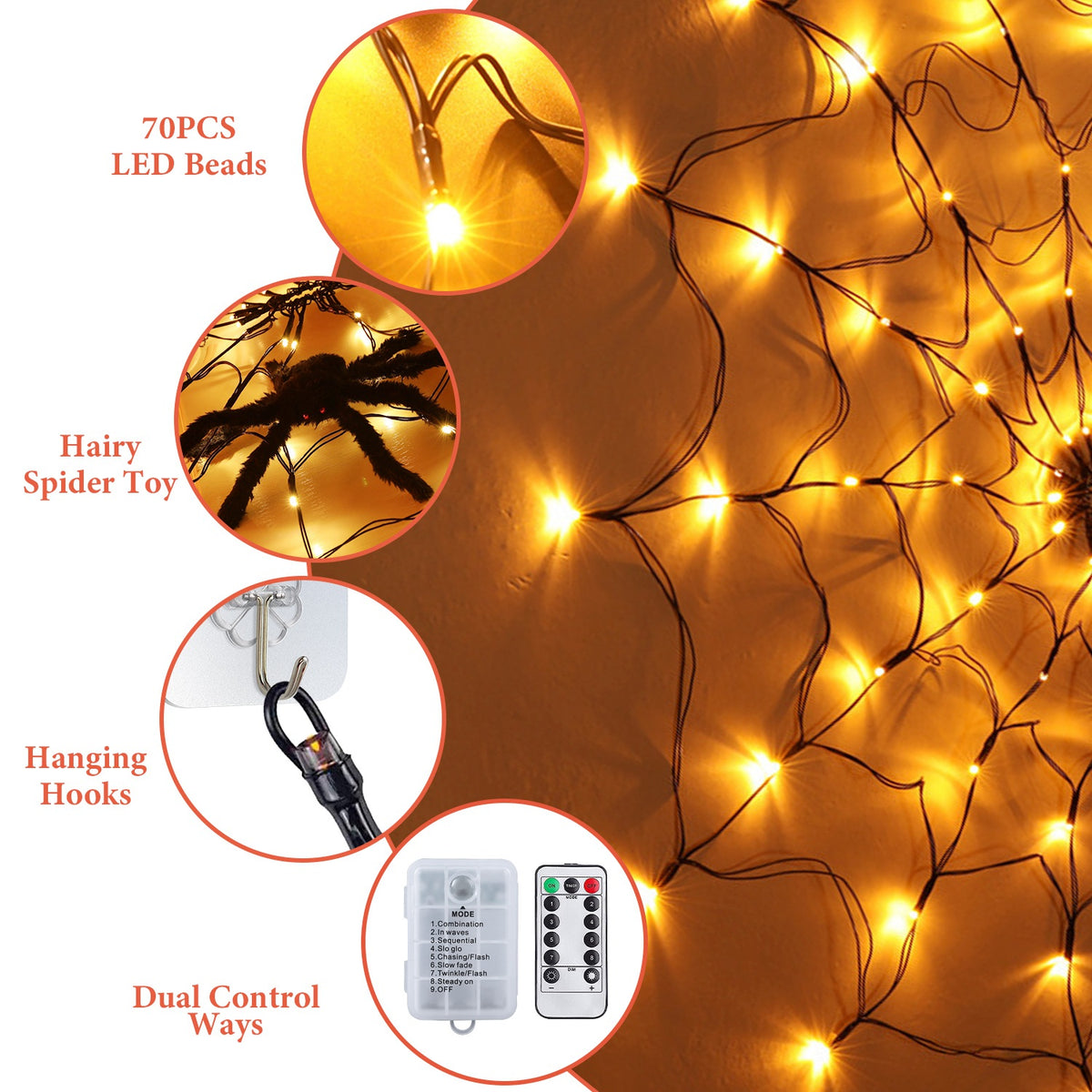 Spider Web Light with Hairy Spider - 70 LED Halloween Decoration