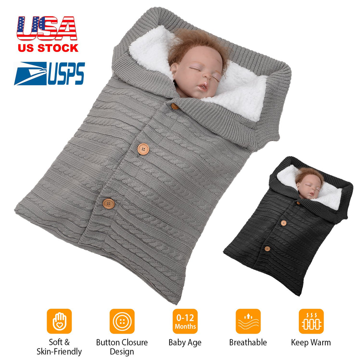 Baby Knit Swaddle Blanket with Button Closure 0-12 Months