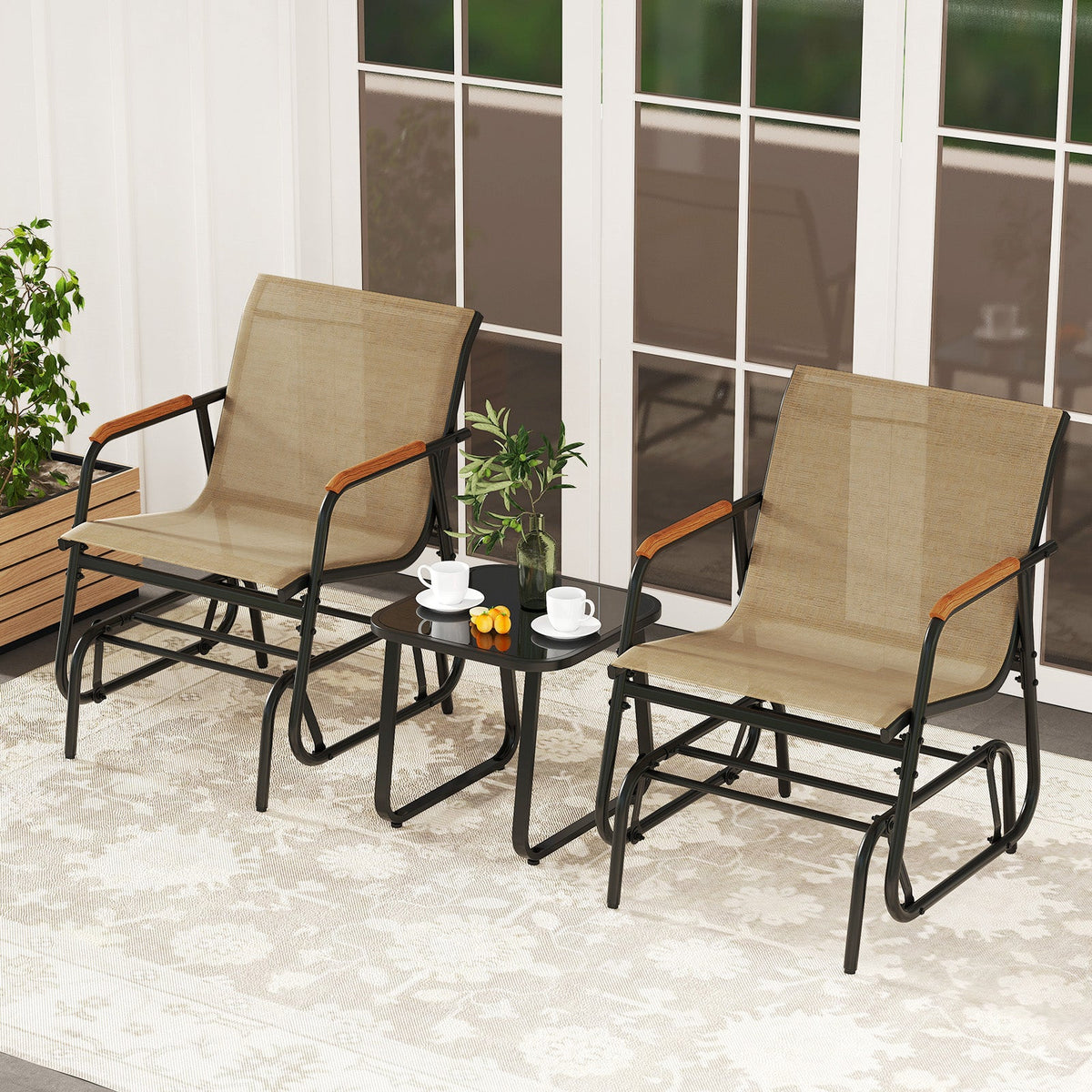 3-Piece Outdoor Glider Bistro Set with Tempered Glass Top and Metal Frame-Coffee