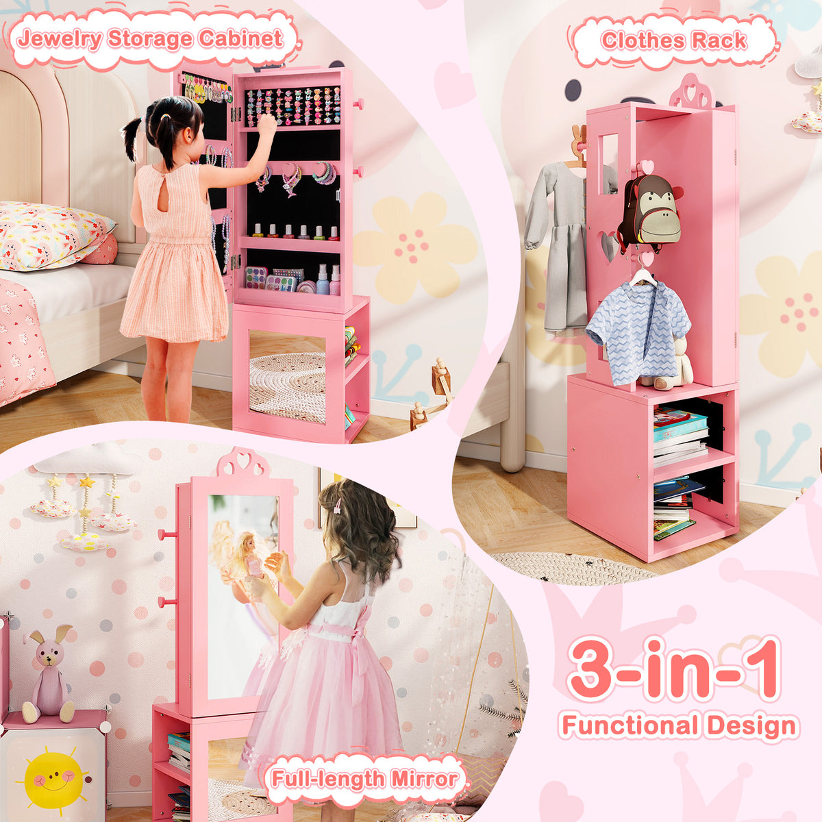 Kids Jewelry Cabinet Armoire with Full Length Mirror