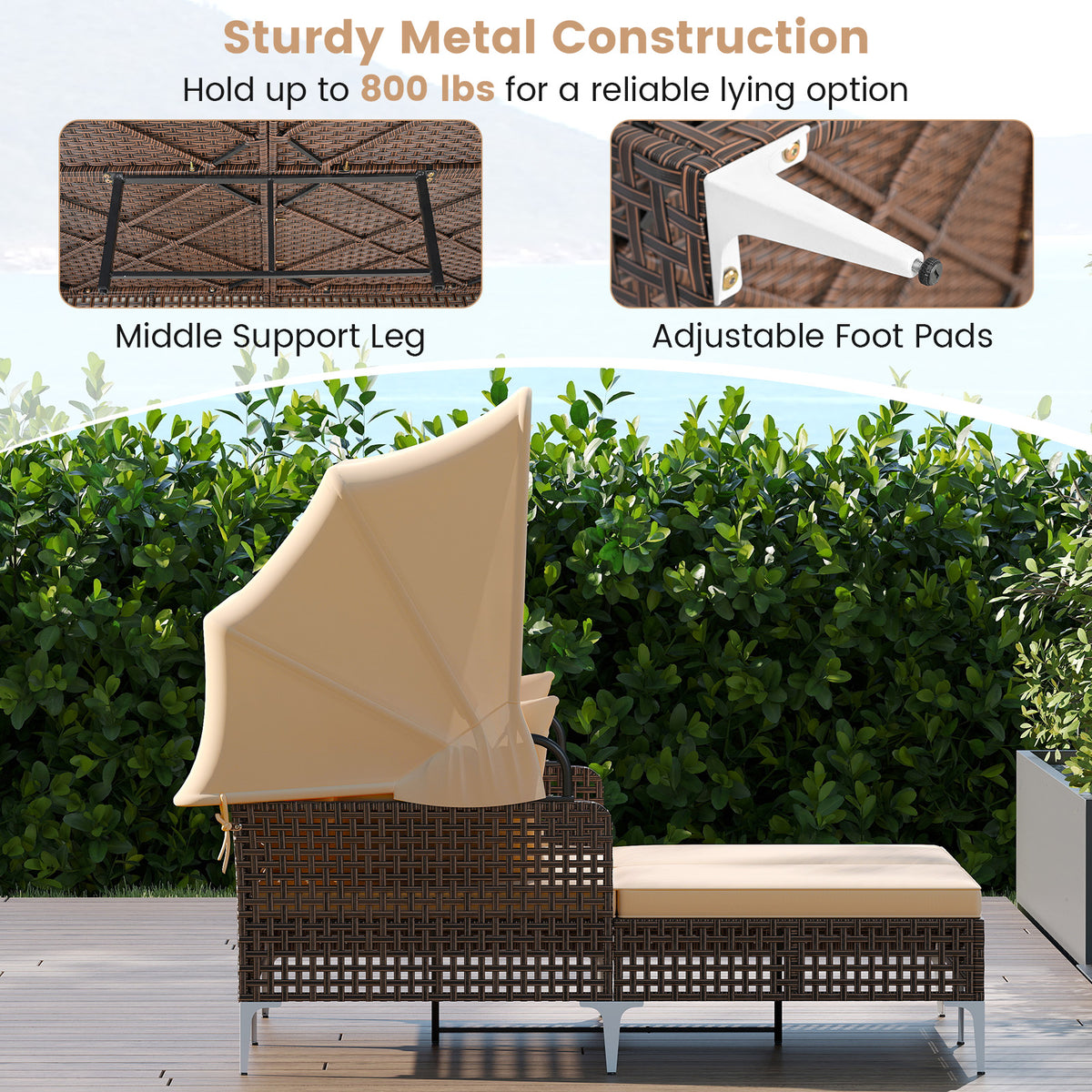 Outdoor Daybed with Retractable Canopy - PE Wicker Rattan