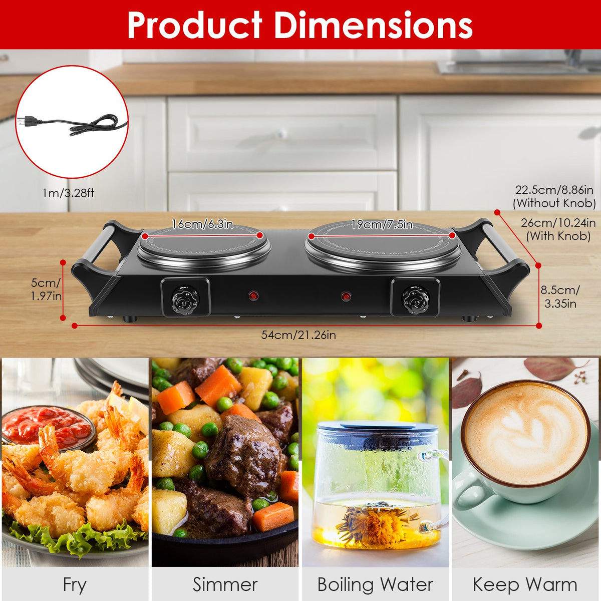 Electric Double Burner Hot Plate with Adjustable Temperature