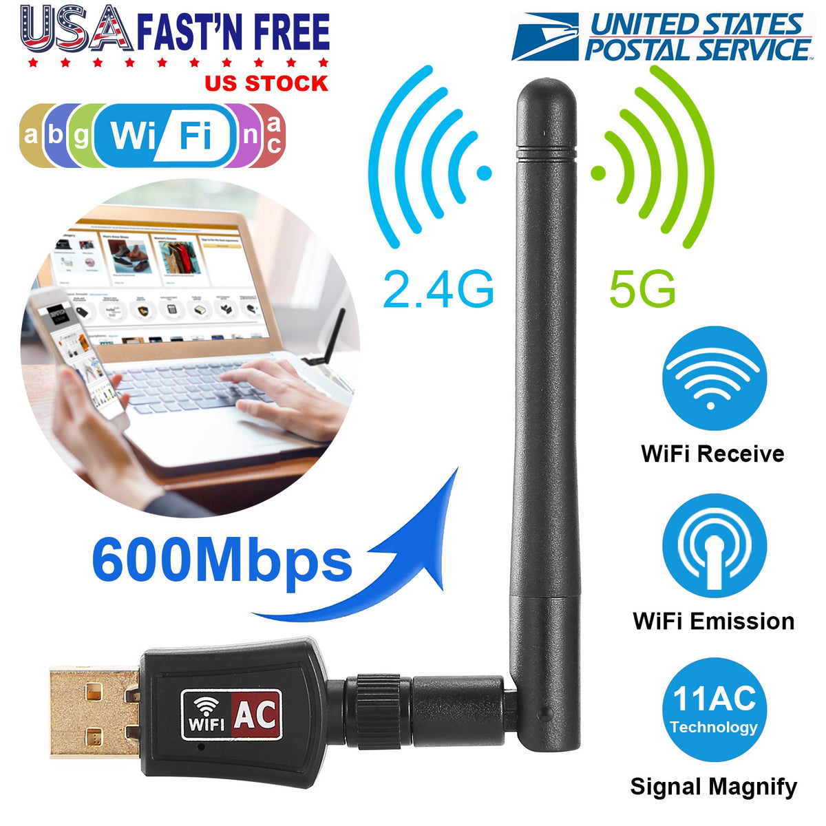 USB WiFi Adapter AC600 Dual Band with Rotating Antenna