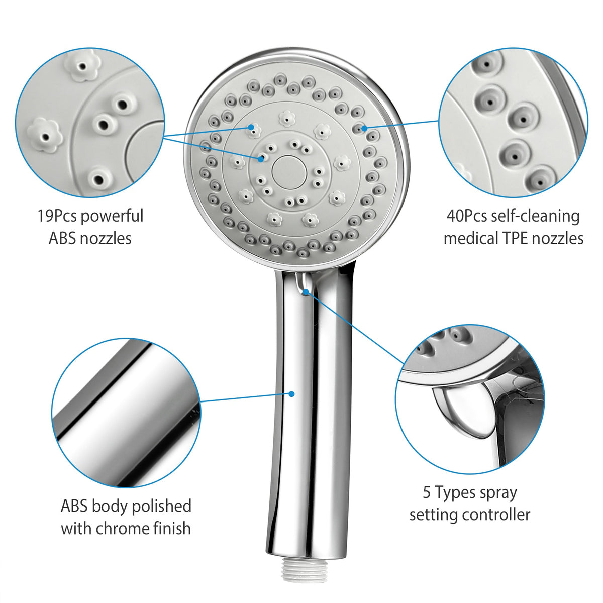 Handheld Shower Head with 5 Spray Settings & Steel Hose