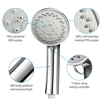 Handheld Shower Head with 5 Spray Settings & Steel Hose