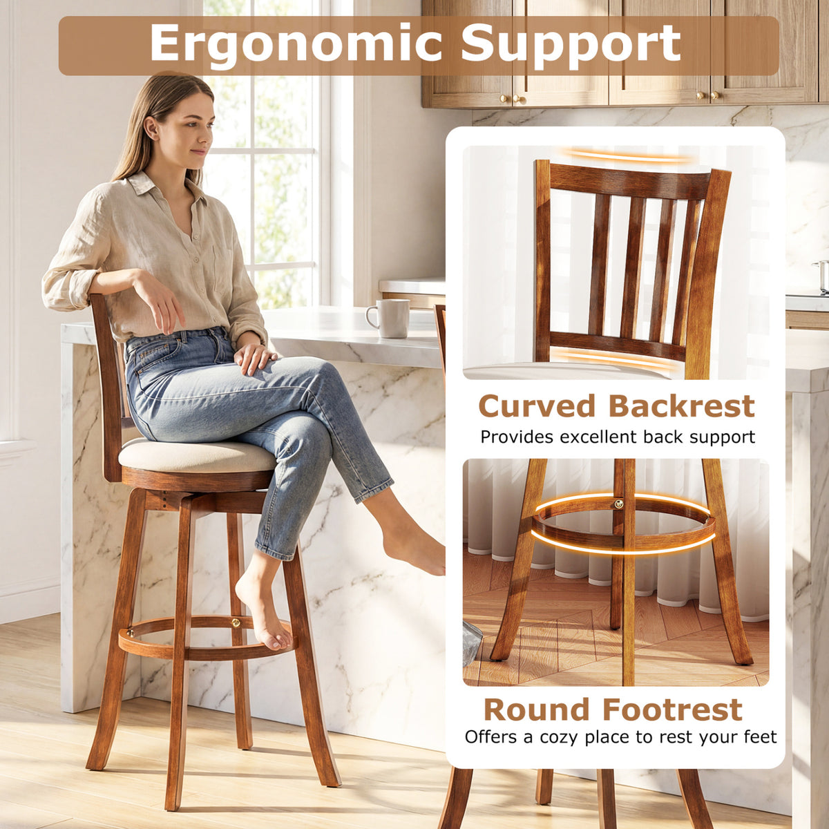 Swivel Bar Stools Set of 2 with Upholstered Seat