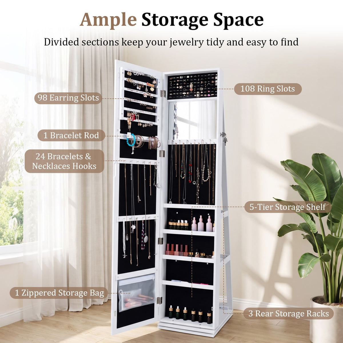 360° Swivel Jewelry Cabinet with Full-Length Mirror for Bedroom-White