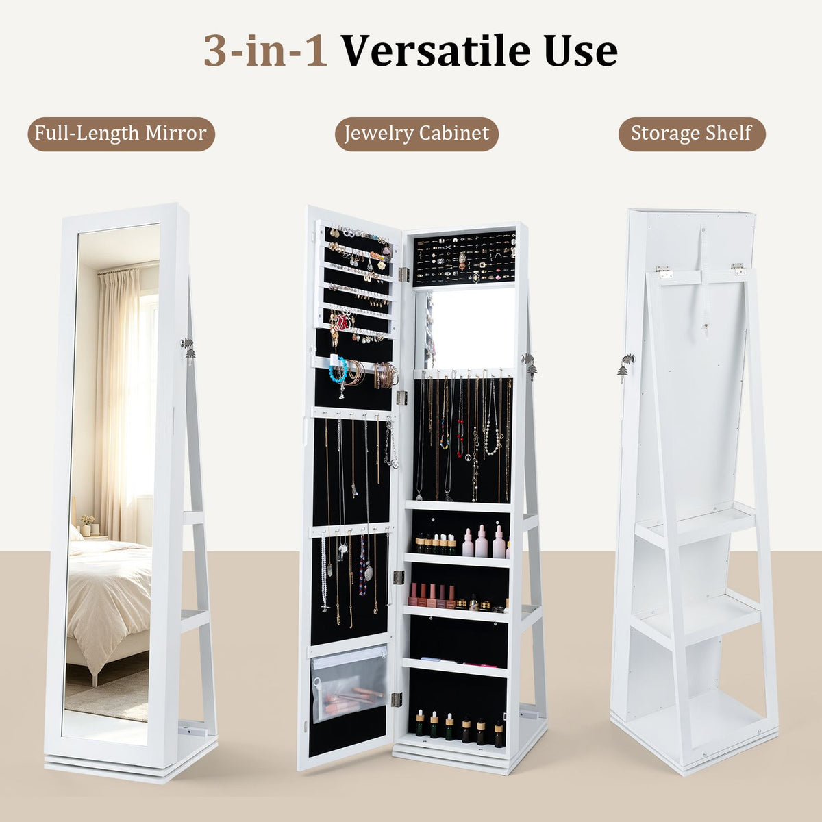 360° Swivel Jewelry Cabinet with Full-Length Mirror for Bedroom-White