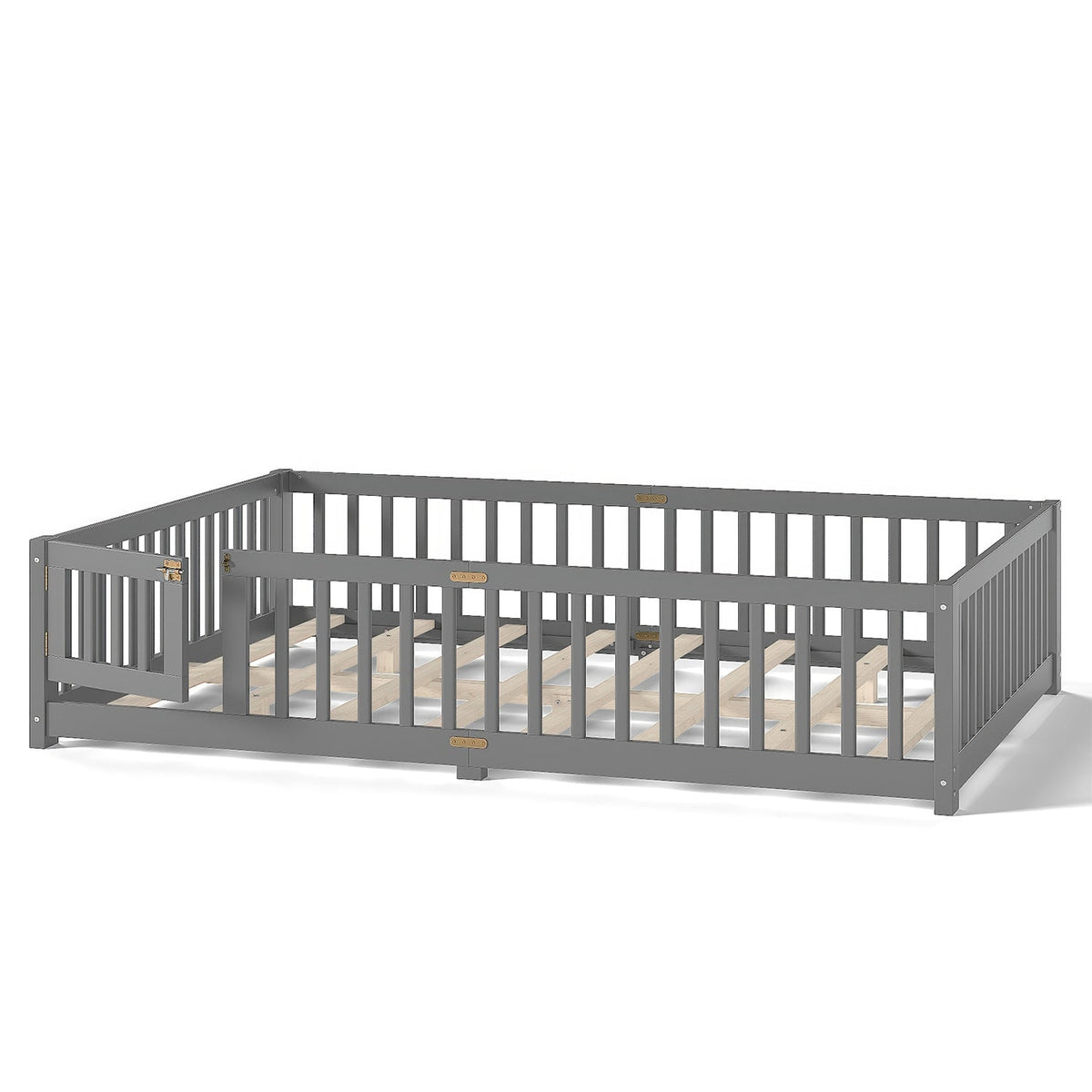 Montessori Floor Bed with Safety Guardrails and Lockable Door