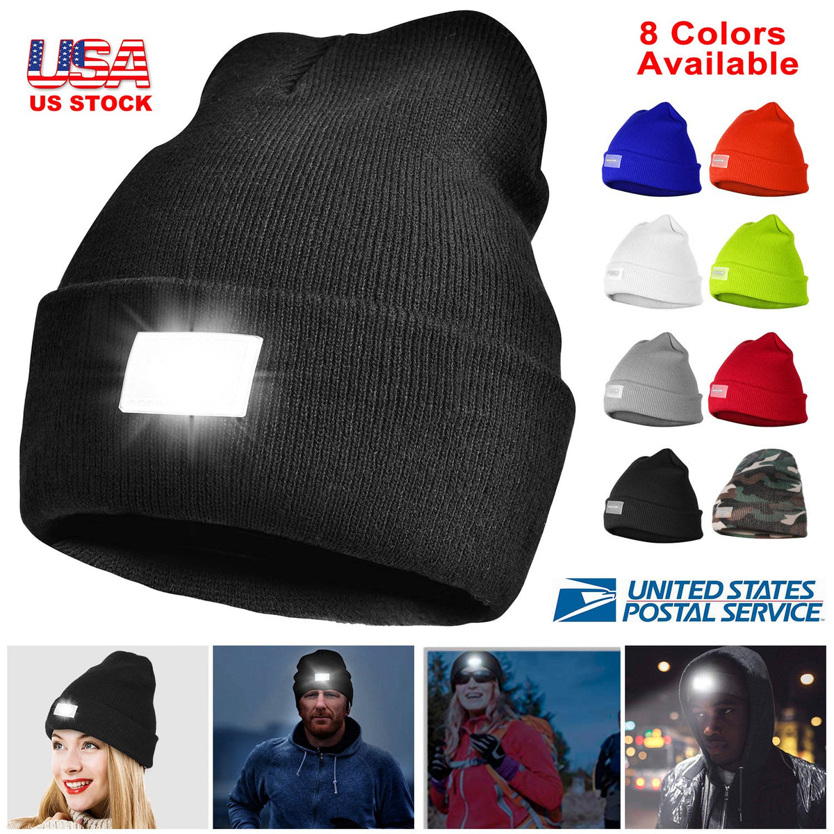 LED Knitted Beanie with Built-In Headlamp for Hands-Free Light