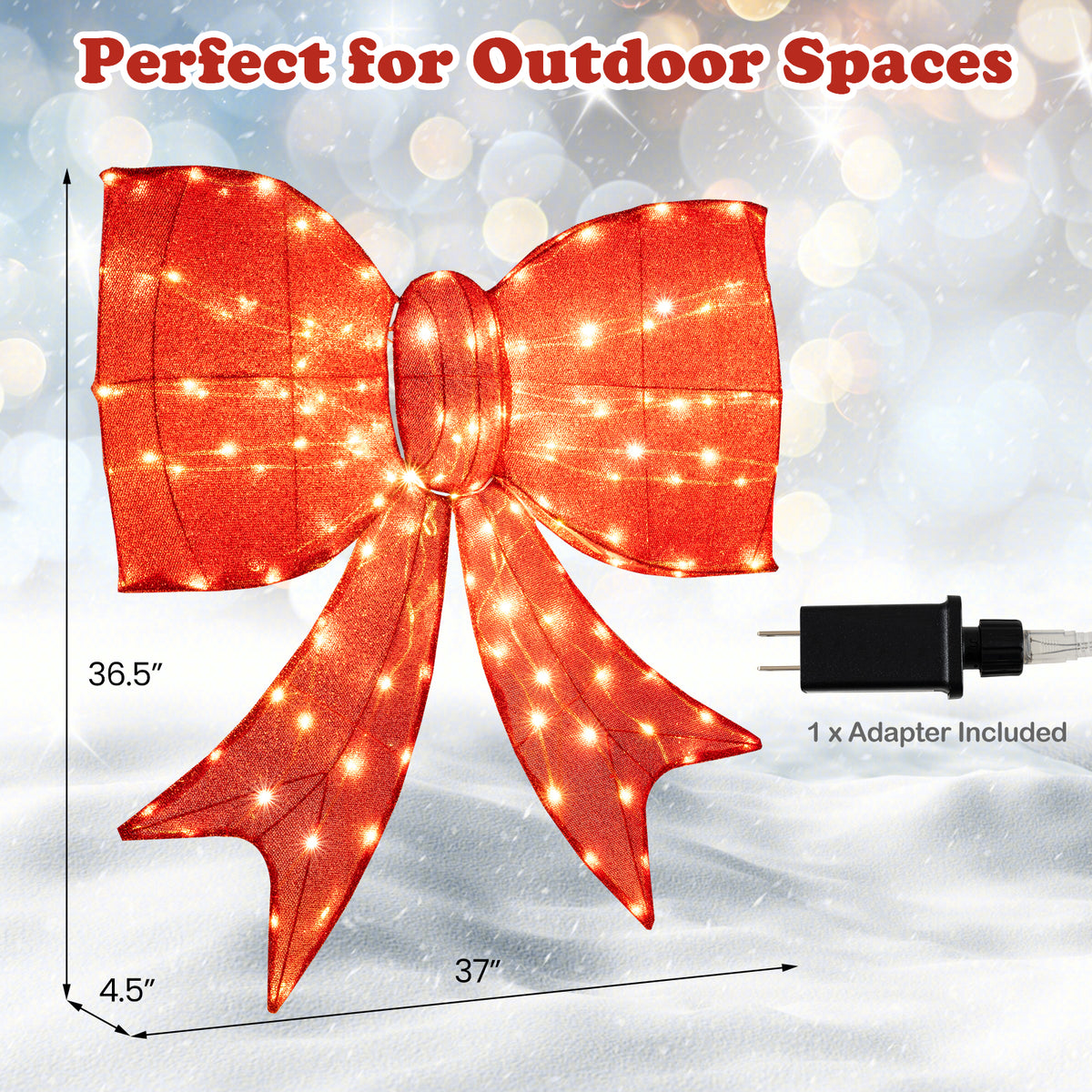 37 Inch Lighted Christmas Bow Decoration with Warm White LED Lights