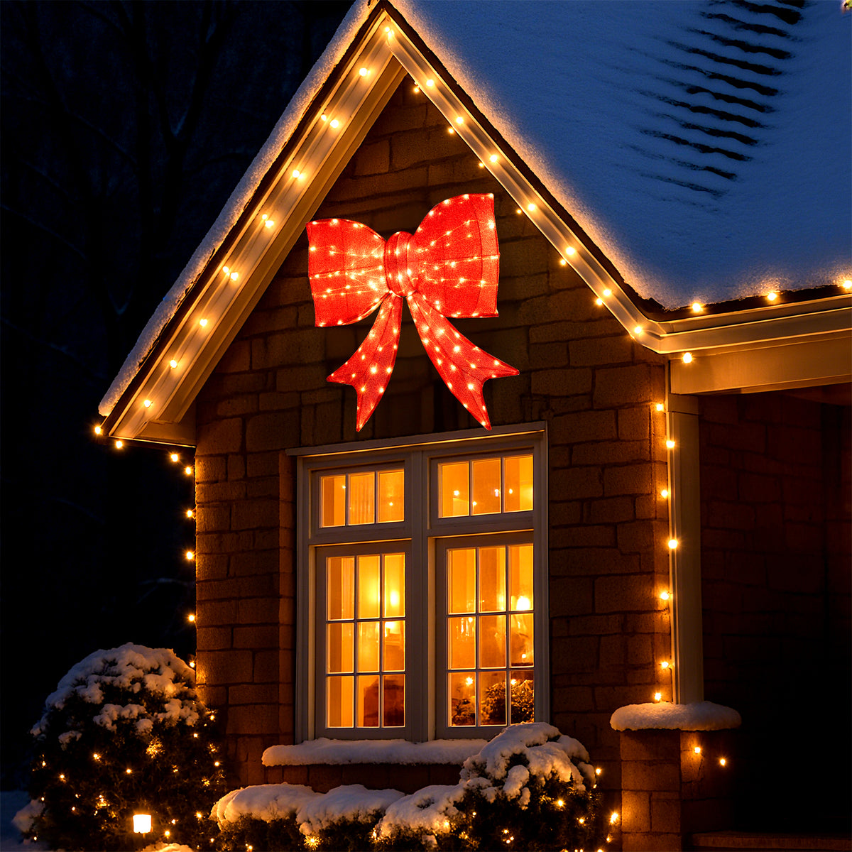 37 Inch Lighted Christmas Bow Decoration with Warm White LED Lights
