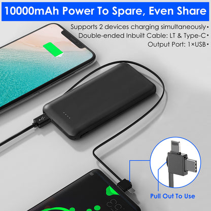 10000mAh Portable Power Bank with Built-In Cables