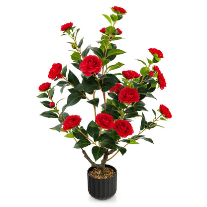 38 Inch Artificial Camellia Tree Faux Flower Plant in Cement Pot