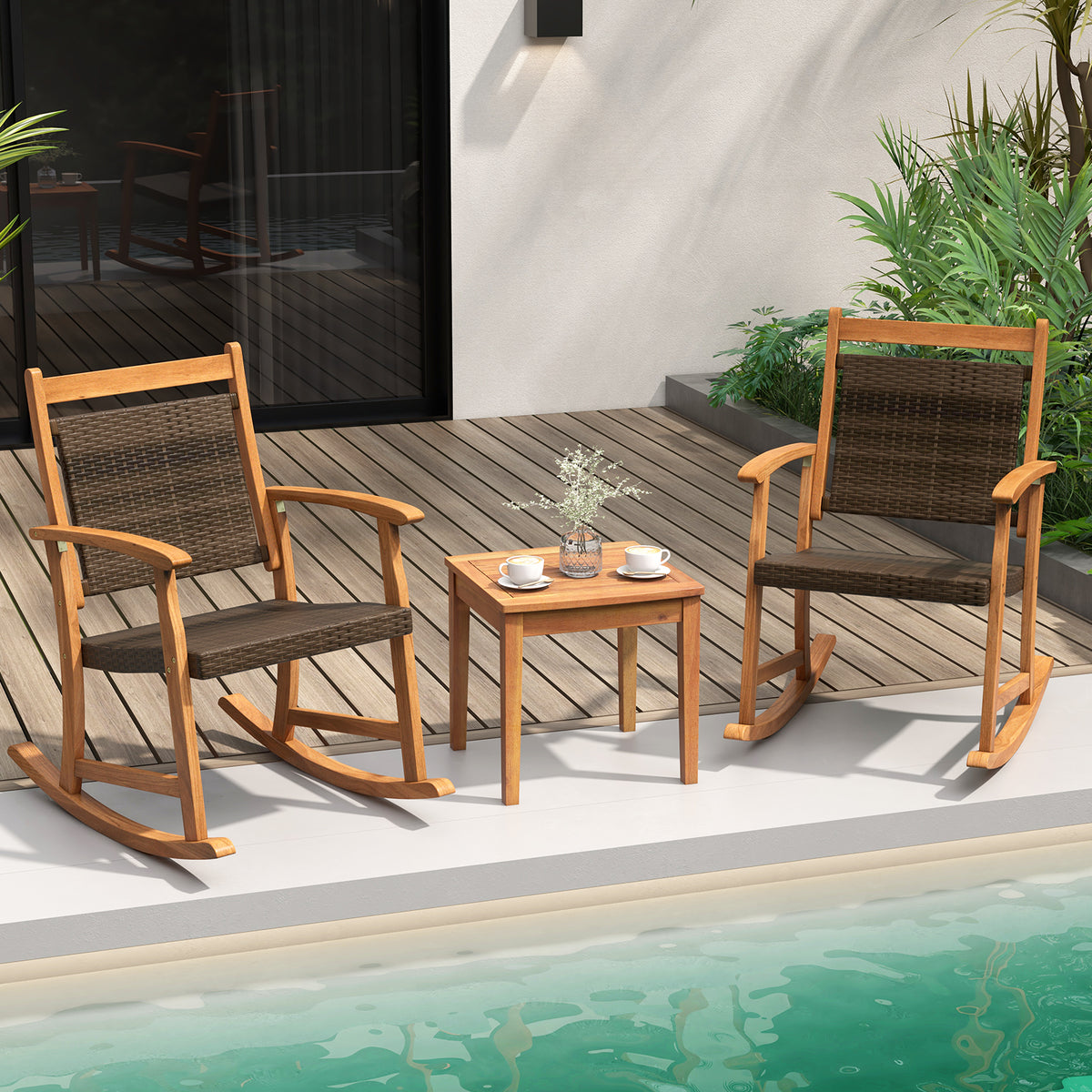 Acacia Wood Rocking Chair Set with Side Table - 3 Pieces