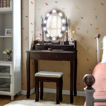Makeup Vanity Table with Lighted Mirror and Cushioned Stool