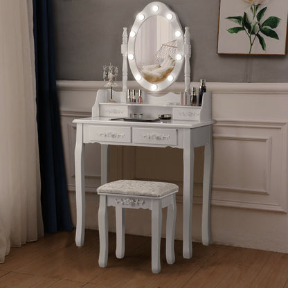 Makeup Vanity Table Set with Dimmable Bulbs & Cushioned Stool