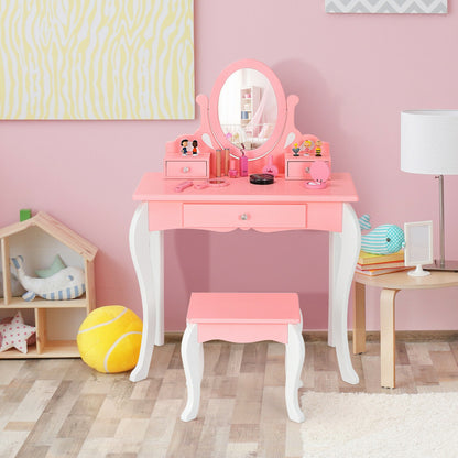Kids Vanity Table Set with Mirror, Drawer & Stool - Pink