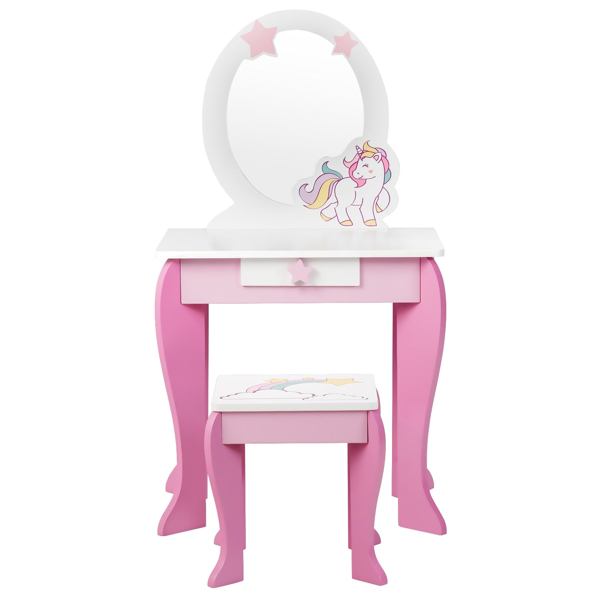 Kids Wooden Vanity Table and Chair Set with Mirror and Drawer