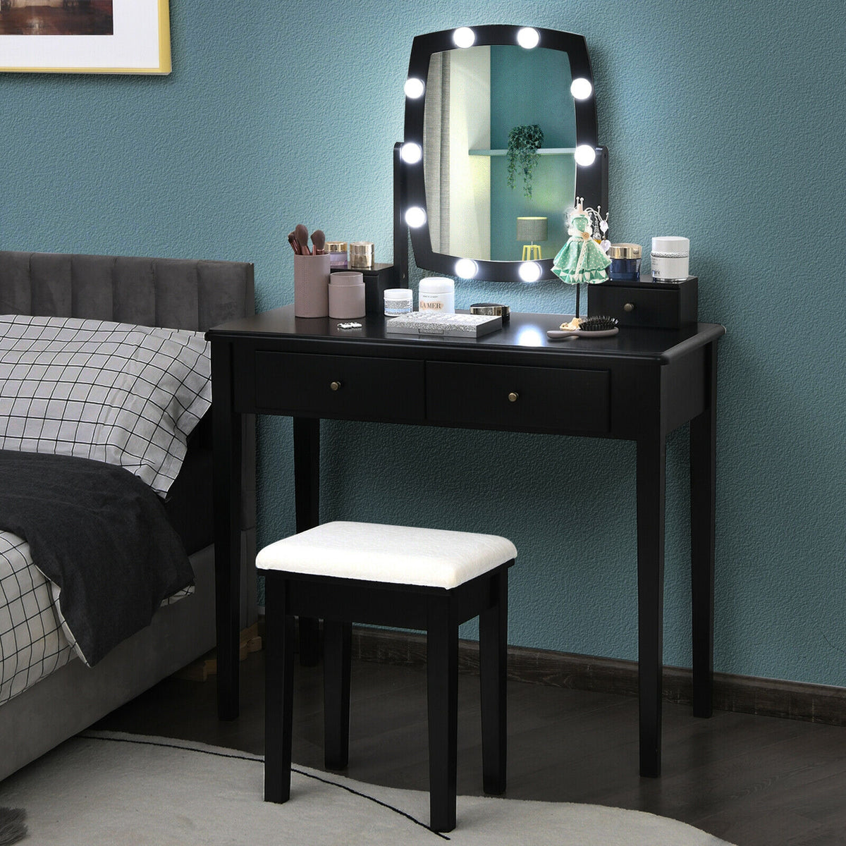 Lighted Vanity Table Set with Mirror and Stool