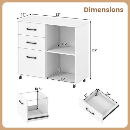 3-Drawer Mobile File Cabinet with Open Storage Shelves