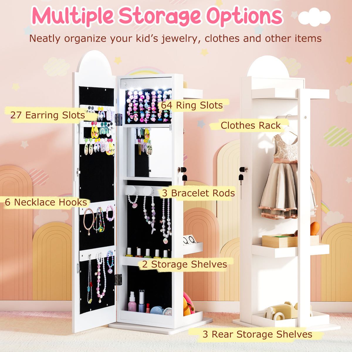Kids Jewelry Cabinet with 3-Color Lighted Mirror & Storage