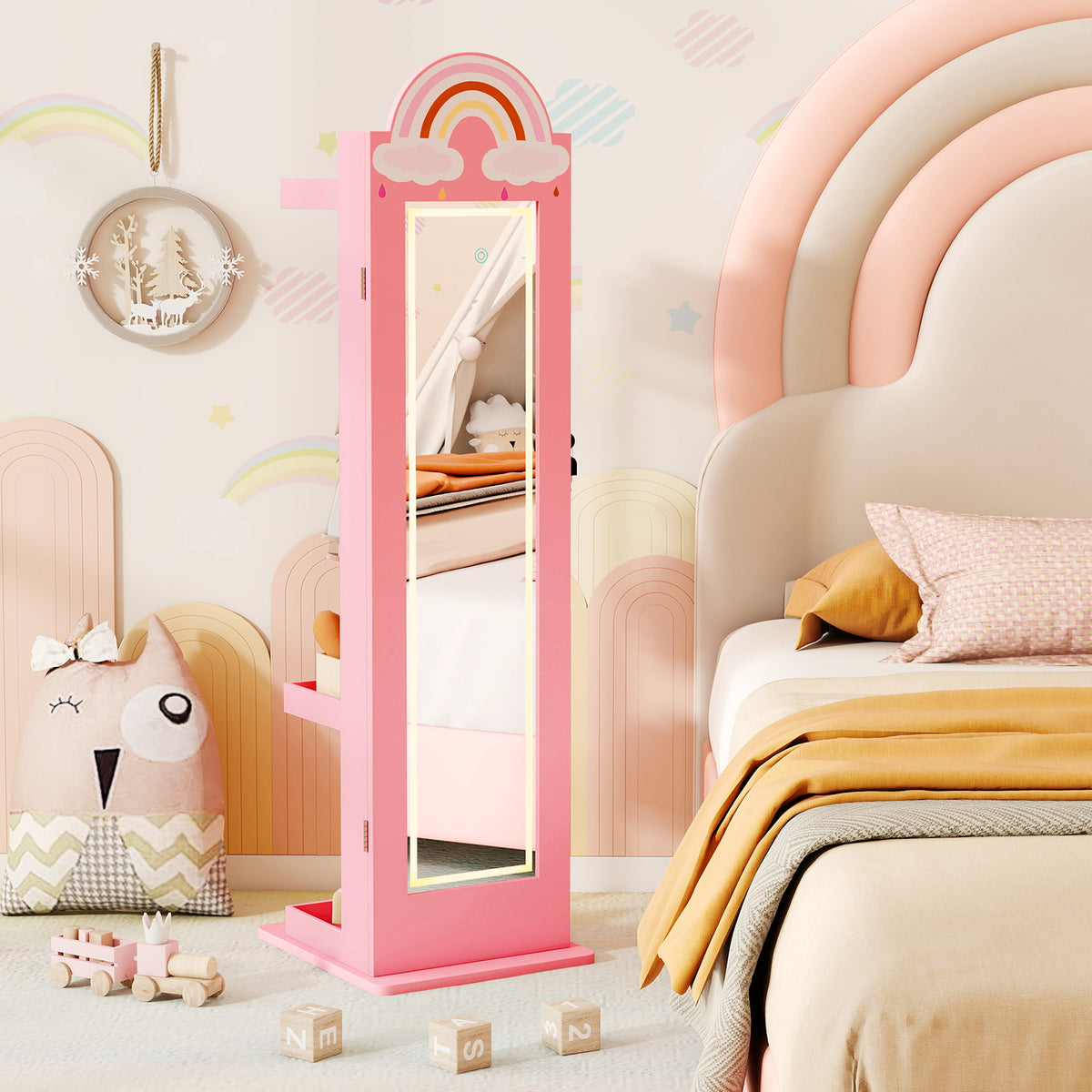 Kids Jewelry Cabinet with 3-Color Lighted Mirror & Storage