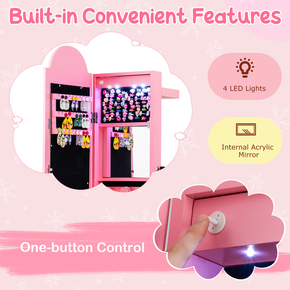 Kids Jewelry Cabinet with 3-Color Lighted Mirror & Storage