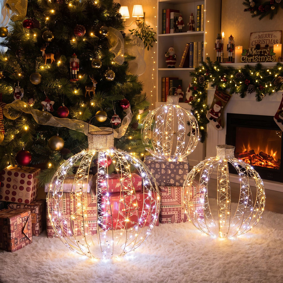 3 Pack Christmas LED Lighted Balls with 180 Cold White and 180 Warm White Lights