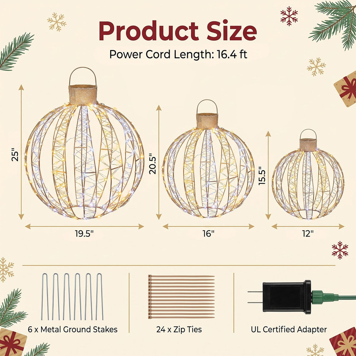 3 Pack Christmas LED Lighted Balls with 180 Cold White and 180 Warm White Lights