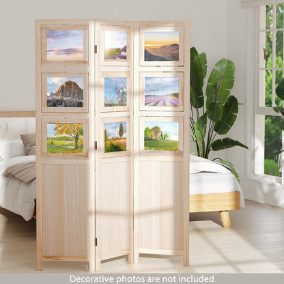3 Panel Folding Privacy Screen with 9 Swivel Paulownia Wood Photo Frames-Natural