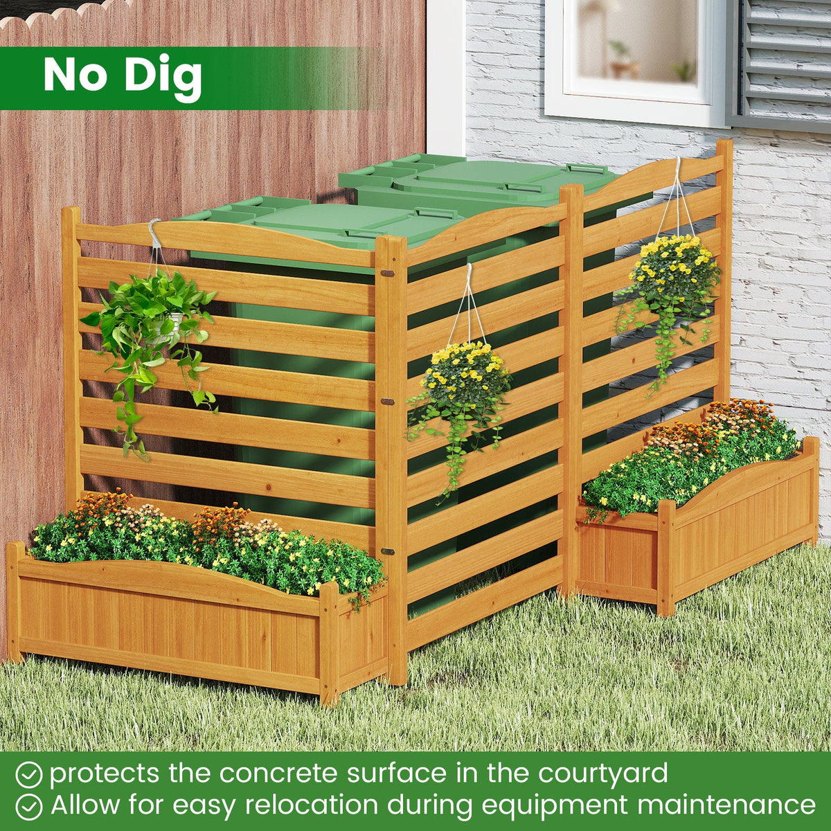 3-Panel Wood Air Conditioner Fence with Planter Box Freestanding Privacy Screen-Yellow
