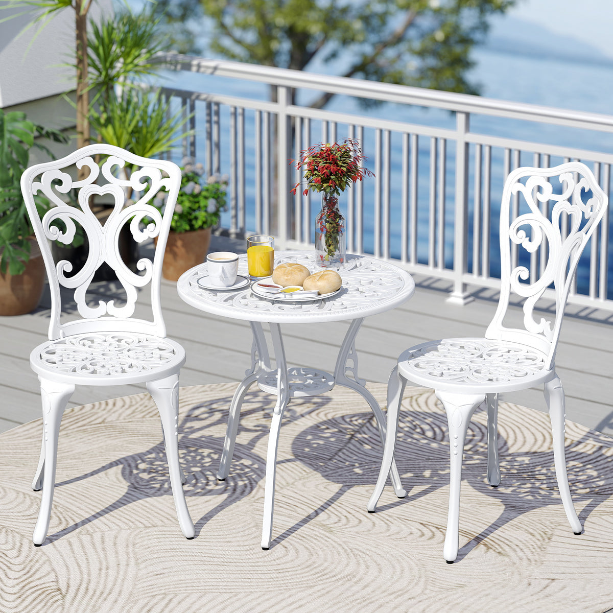3-Piece Cast Aluminum Bistro Set with Umbrella Holes - White