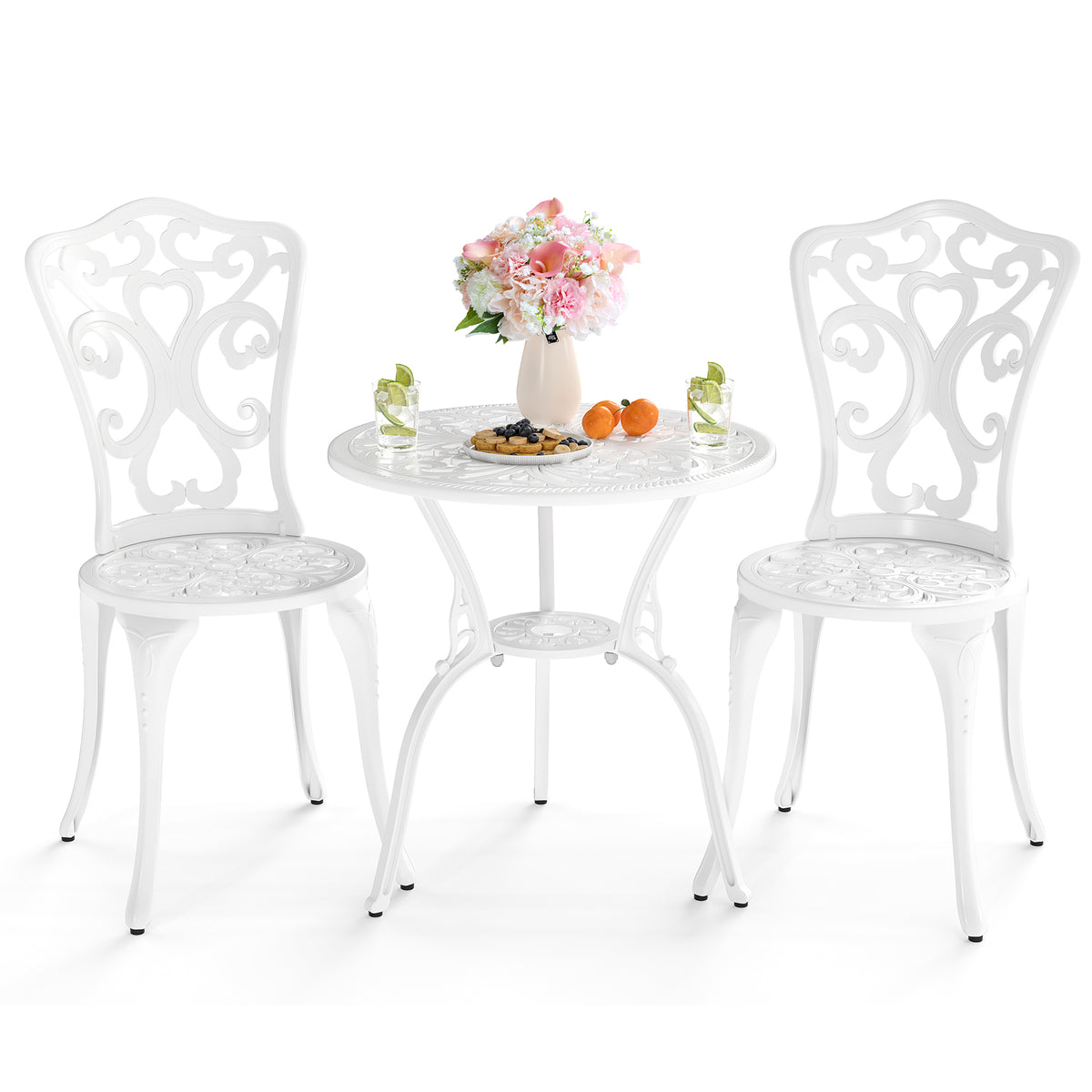 3-Piece Cast Aluminum Bistro Set with Umbrella Holes - White