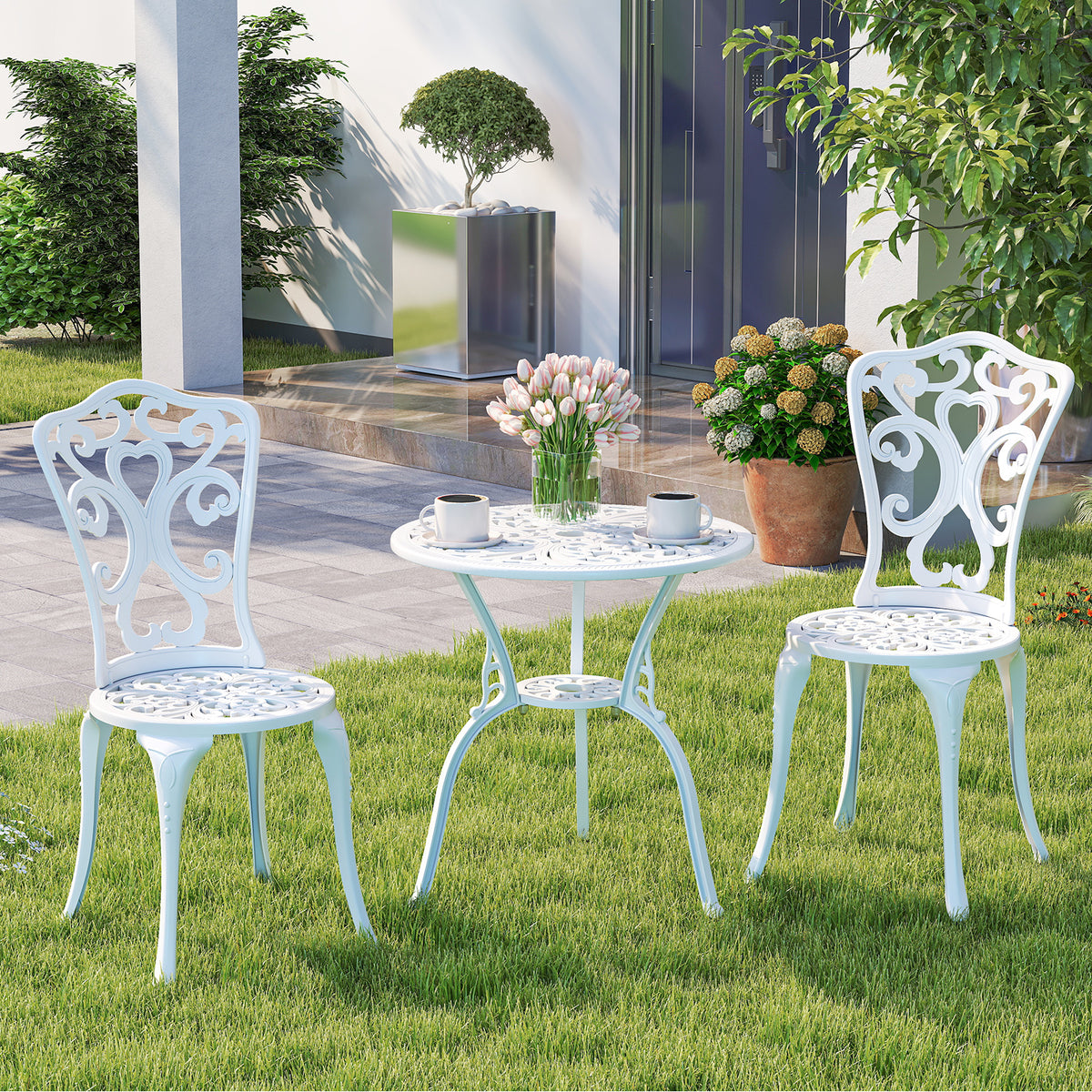 3-Piece Cast Aluminum Bistro Set with Umbrella Holes - White
