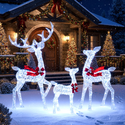 3-Piece Christmas Lighted Iridescent Reindeer Family Set with 215 Cold White LED Lights and Ground Stakes