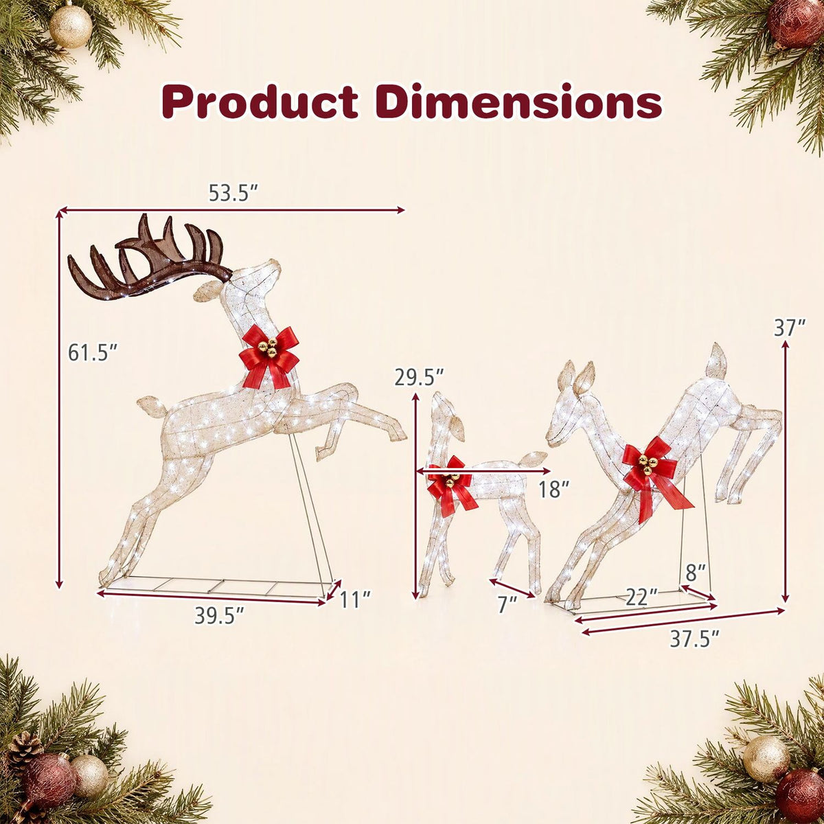 3-Piece Lighted Reindeer Family Set with Rotating Head and Cold White LED Lights-Golden