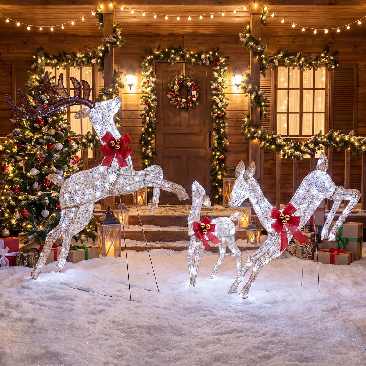 3-Piece Lighted Reindeer Family Set with Rotating Head and Cold White LED Lights-Golden